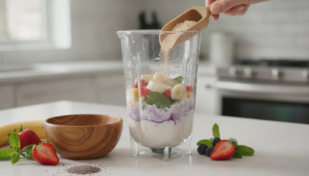 A hand adding a scoop of light brown powder into a blender with fruits and liquid preparing a healthy shake in a bright