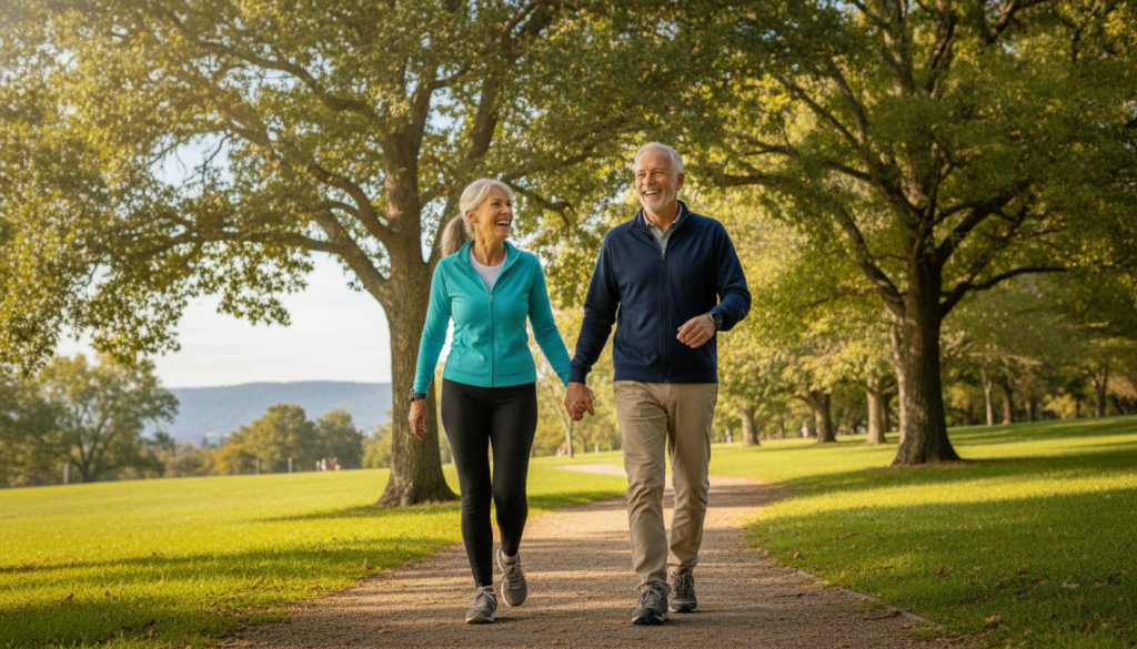 An active happy older couple enjoying a walk outdoors smiling and full of energy symbolizing vitality and healthy aging