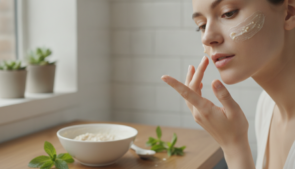 A woman gently applying a thin layer of a paste to her cheek with her fingertips showing a cautious skincare routine