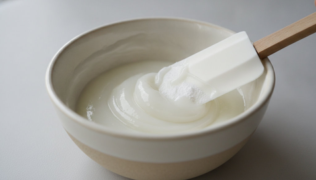 Close-up of a small bowl with petroleum jelly and baking soda being mixed into a smooth paste with a clean spatula