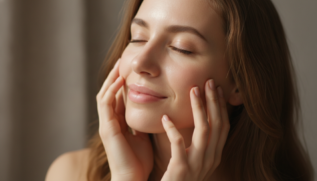 A woman with glowing radiant skin touching her cheek gently indicating softness and smoothness
