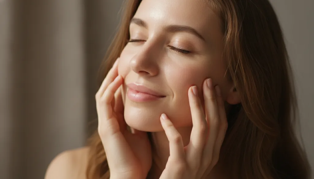 A woman with glowing radiant skin touching her cheek gently indicating softness and smoothness