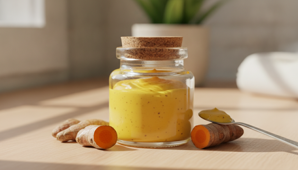 A small clear glass jar filled with a yellow-orange cream featuring a smooth creamy texture