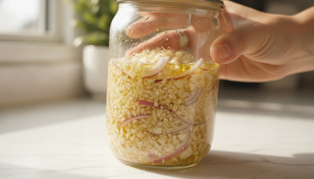 A close-up of a glass jar containing minced garlic red onion slices and olive oil with a hand shaking it gently illustra