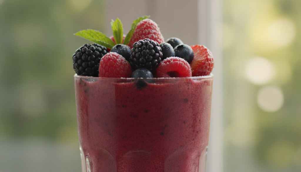 A close-up of a vibrant berry smoothie with fresh berries representing the Heart section drink from the infographic