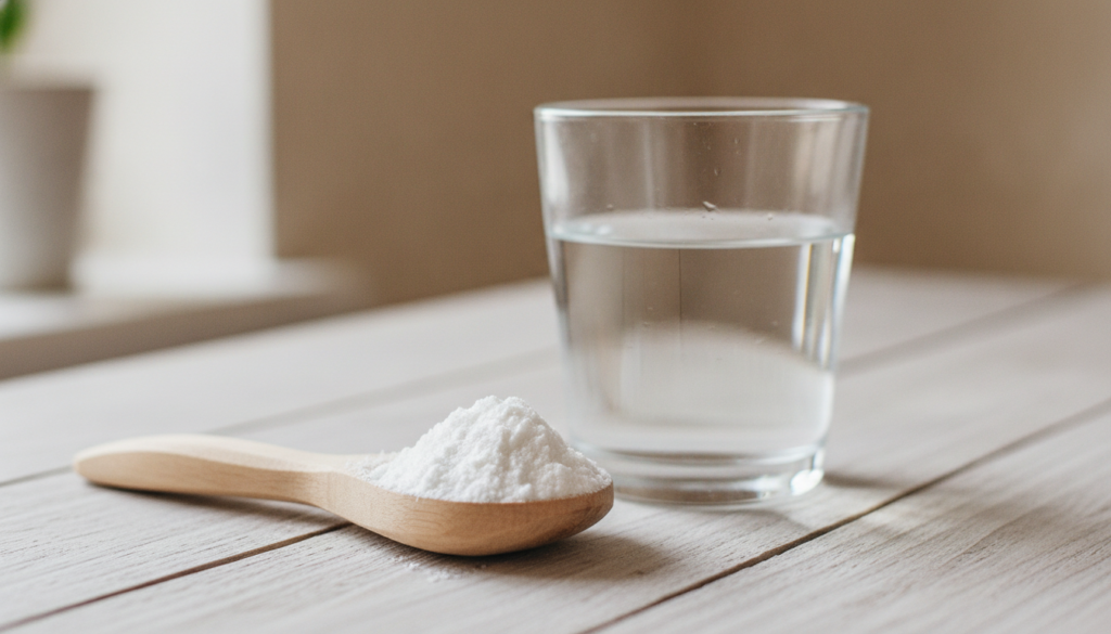A close-up of a spoonful of white magnesium powder or flakes perhaps next to a glass of water symbolizing a natural slee