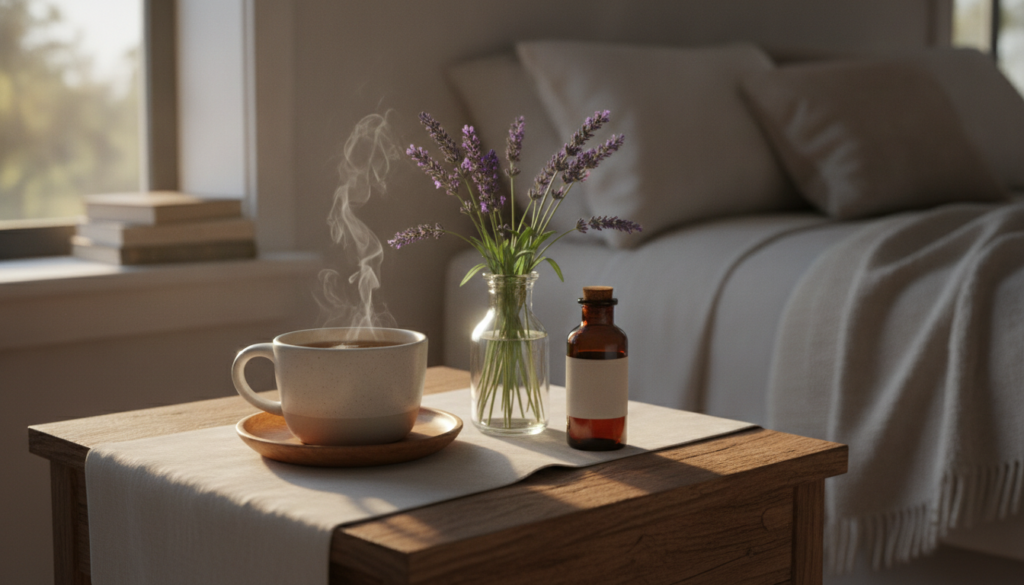 A calming scene with various natural sleep aids like chamomile tea lavender sprigs and perhaps a small bottle of valeria