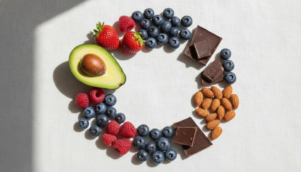 A vibrant flat lay of several healthy foods mentioned in the article such as avocados berries dark chocolate and almonds