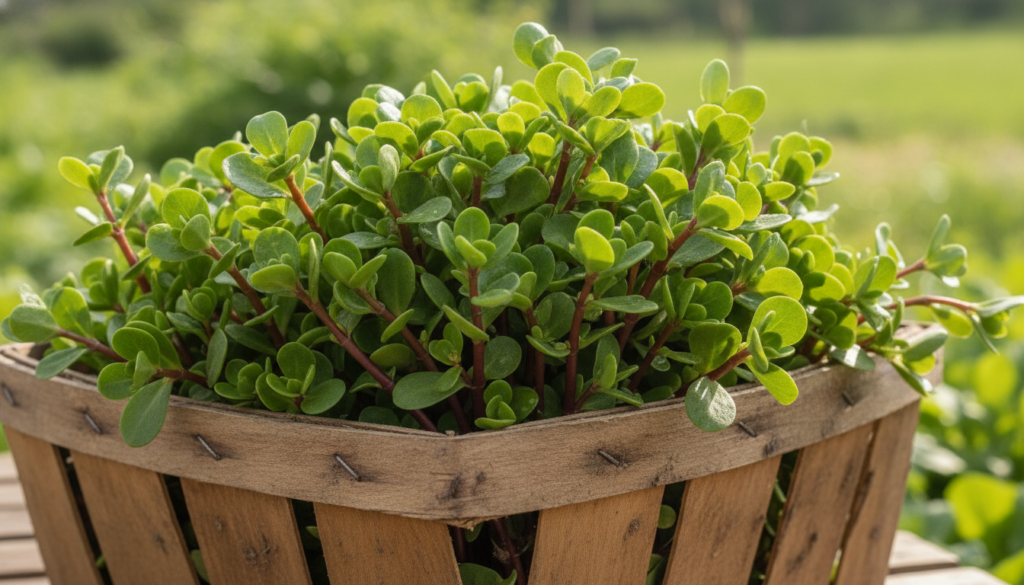 A freshly harvested bundle of purslane plants with their fleshy green leaves and reddish stems displayed in a rustic woo