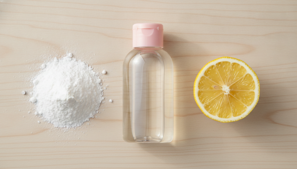 A flat lay of the three main ingredients a bottle of baby oil a pile of white cornstarch powder and a fresh lemon slice