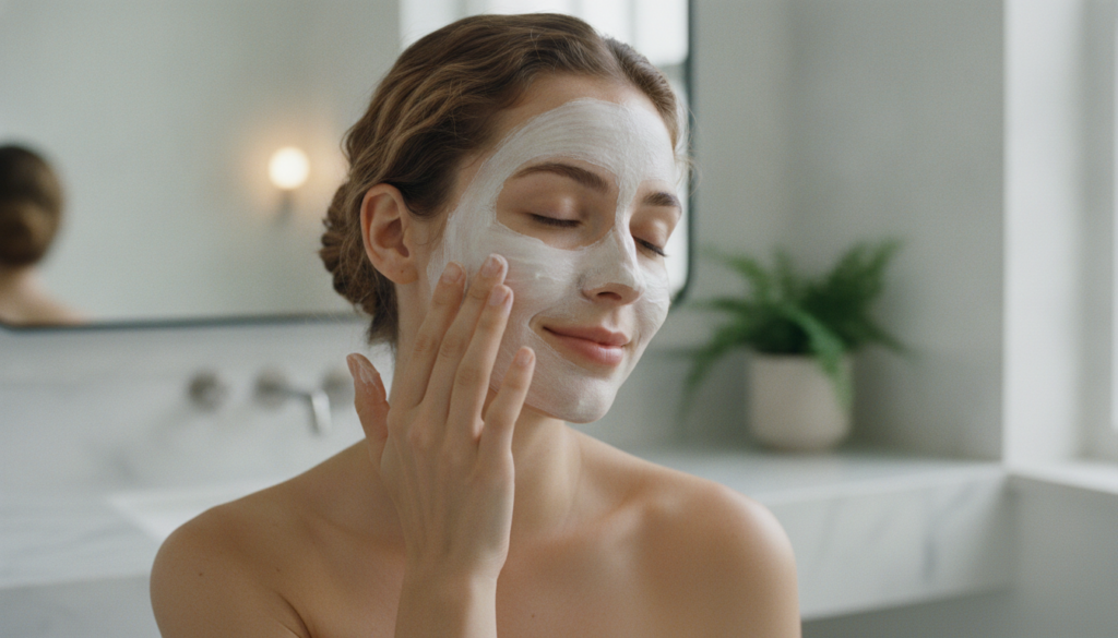 A woman applying the white creamy mask to her face with her fingertips
