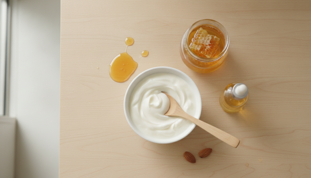 Ingredients for a DIY face mask laid out on a clean surface a small bowl of plain yogurt a jar of honey and a small bott