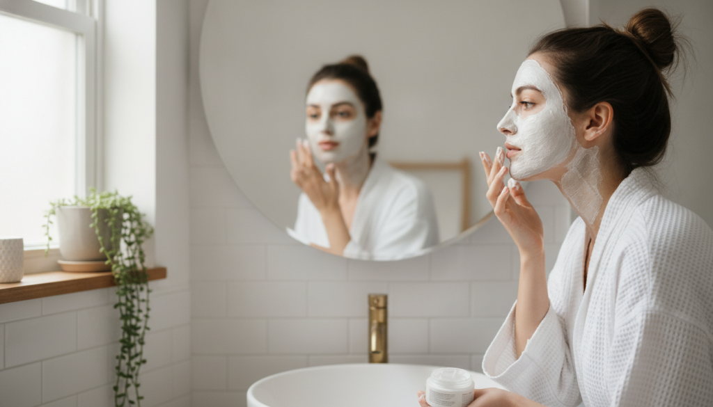 A woman applying a thick white cream mask evenly to her face and neck with her fingertips in a bright bathroom setting H