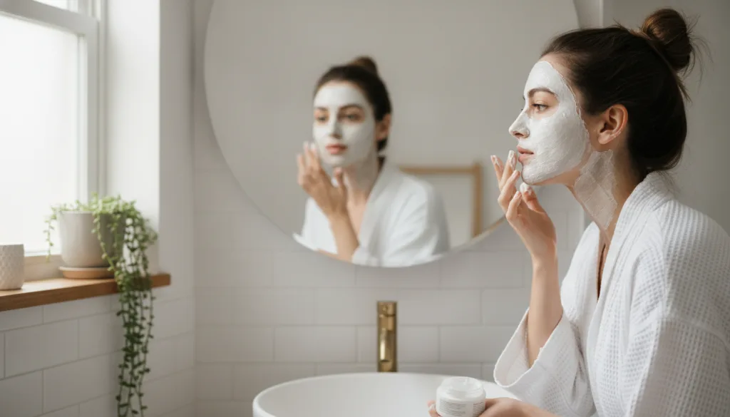 A woman applying a thick white cream mask evenly to her face and neck with her fingertips in a bright bathroom setting H