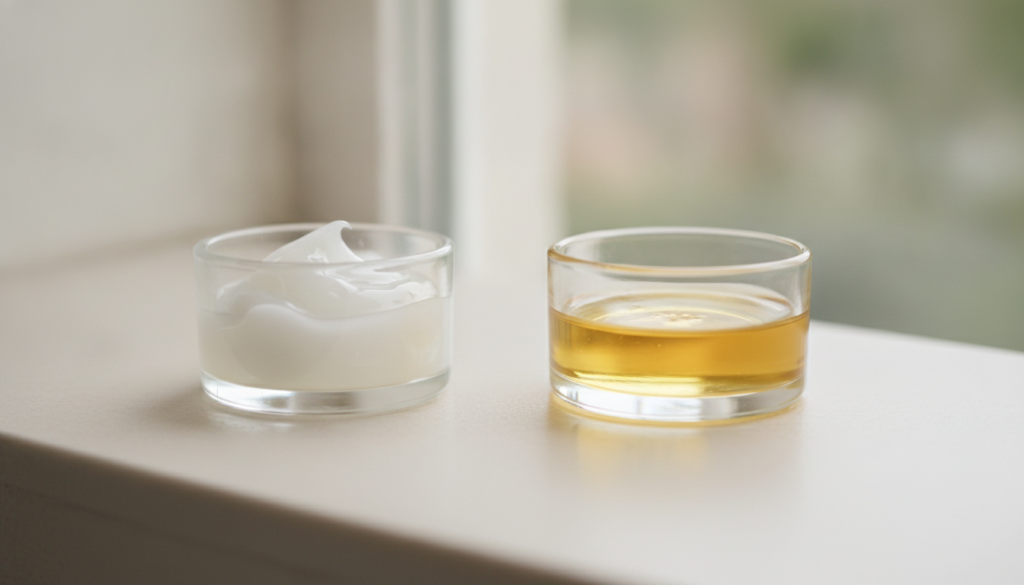 Two small clear glass containers one with solid white petroleum jelly and another with a golden-yellow liquid nourishing