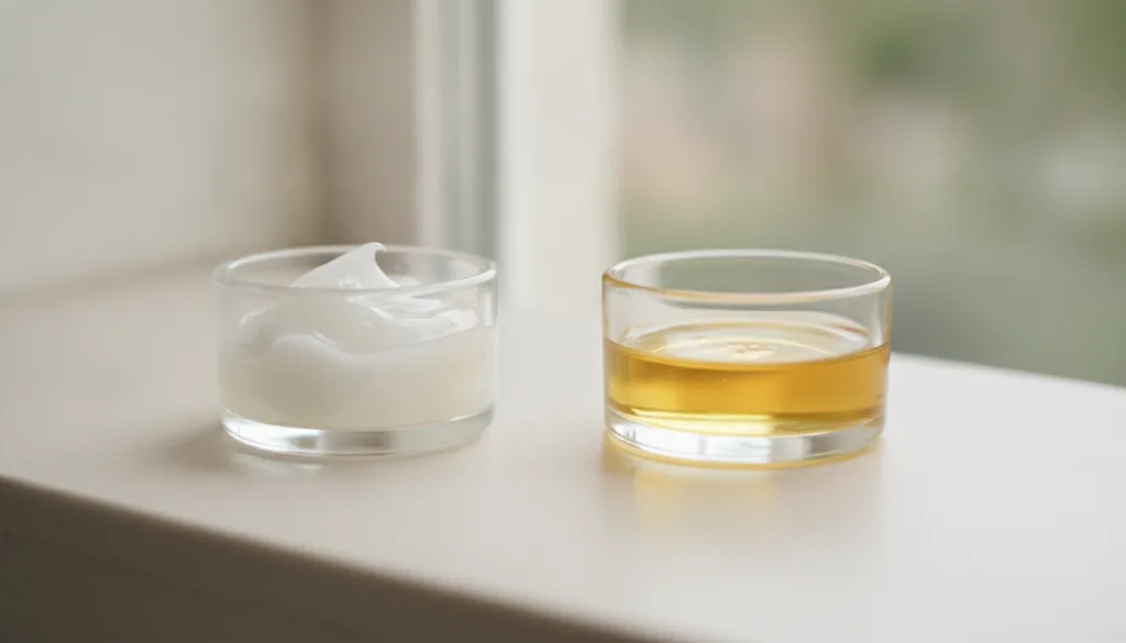 Two small clear glass containers one with solid white petroleum jelly and another with a golden-yellow liquid nourishing