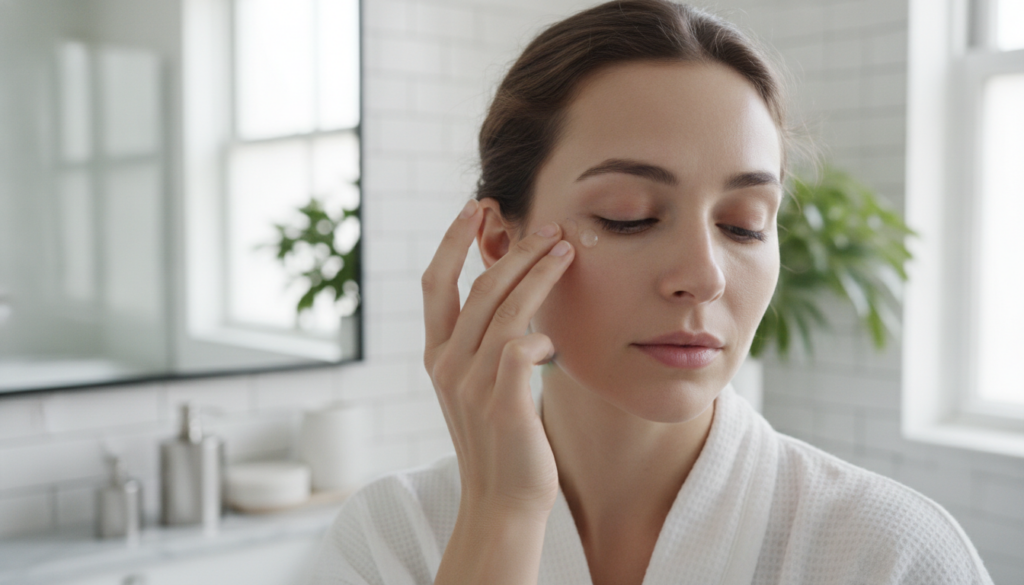 A woman gently applying a small amount of the homemade gel to the skin around her eye targeting fine lines