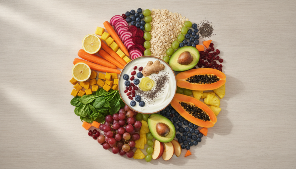 A vibrant and appealing flat lay of various healthy foods mentioned in the article such as blueberries carrots oats spin