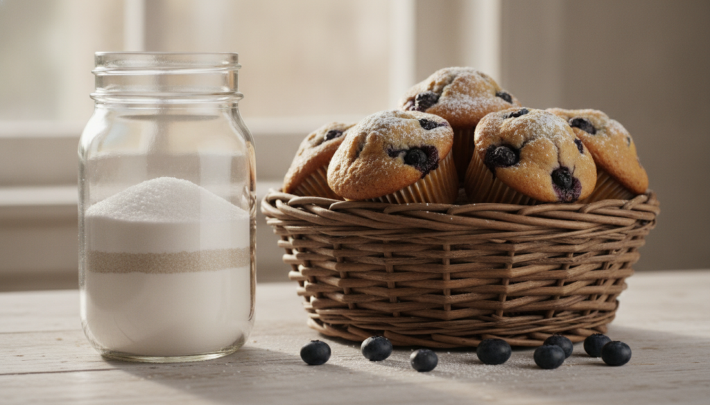 Layered dry ingredients for blueberry muffin mix in a mason jar with a Homemade Muffin Mix label next to a basket of fre