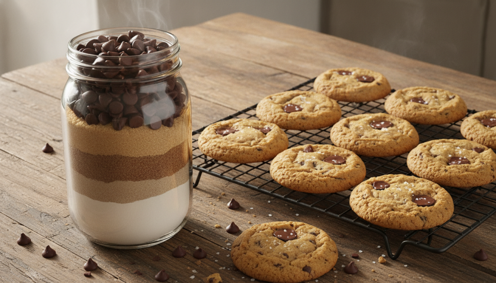 Layered dry ingredients for chocolate chip cookie mix in a mason jar with a Homemade Cookie Mix label next to freshly ba
