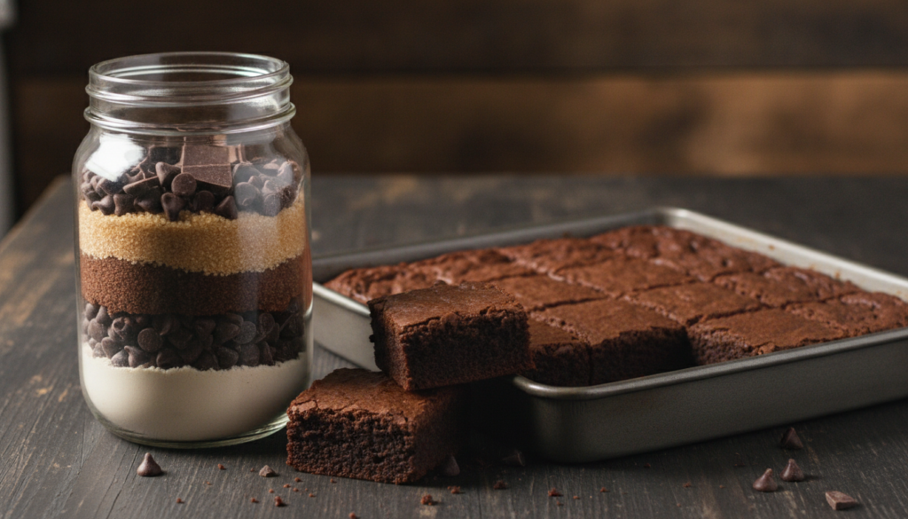 Layered dry ingredients for fudgy brownie mix in a mason jar with a Homemade Brownie Mix label next to a pan of freshly 