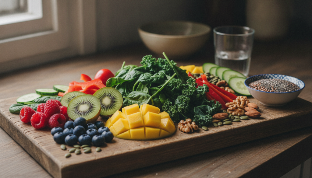 A variety of colorful fresh and healthy foods including fruits vegetables and nuts arranged invitingly on a wooden cutti