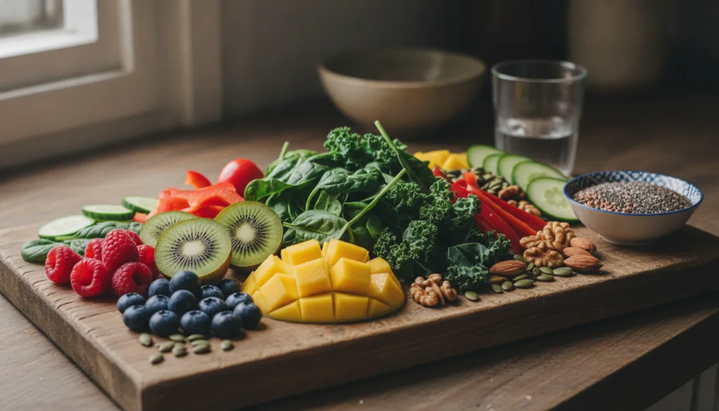 A variety of colorful fresh and healthy foods including fruits vegetables and nuts arranged invitingly on a wooden cutti