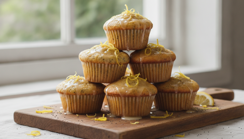 Bright yellow lemon poppy seed muffins with a delicate lemon glaze garnished with fresh lemon zest and poppy seeds on a 