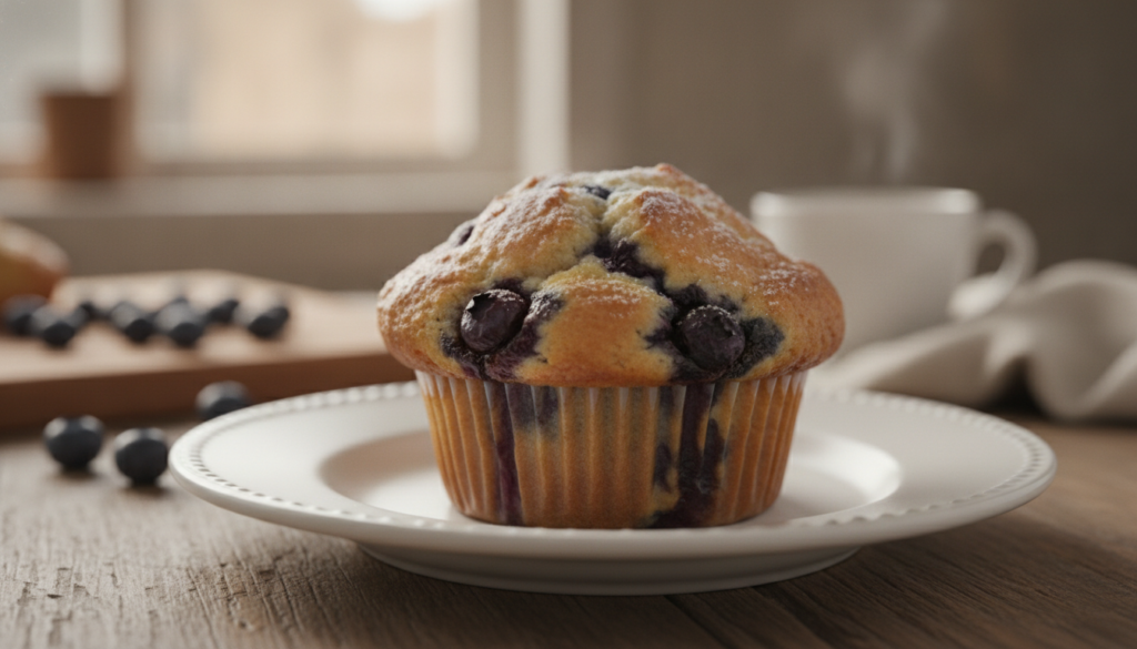 Fluffy blueberry muffins with a golden-brown top bursting with fresh blueberries served on a rustic wooden board with a 