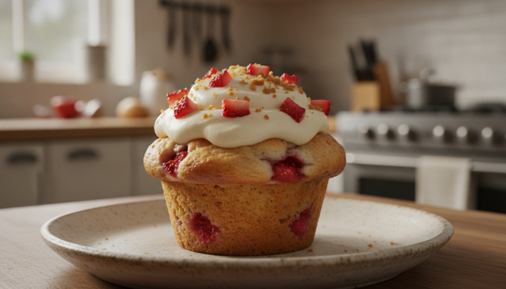 Soft strawberry cheesecake muffins with a visible cream cheese swirl and fresh strawberry pieces presented on a light-co