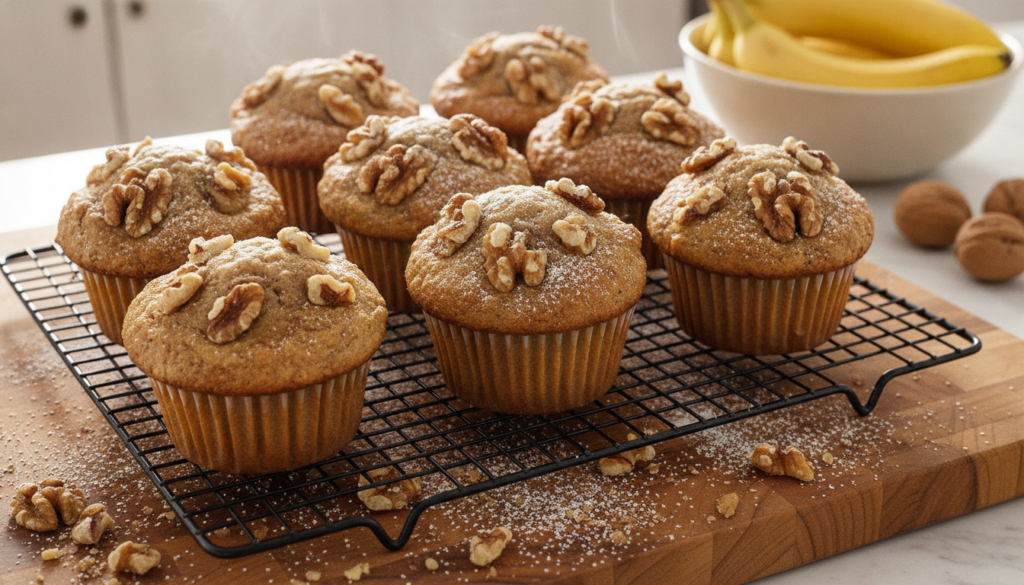 Warm banana walnut muffins generously studded with walnuts on a cooling rack with a rustic kitchen background Cozy invit