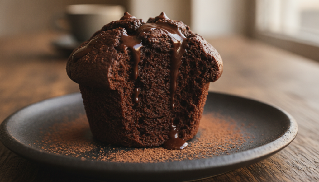 Rich dark double chocolate muffins studded with chocolate chips on a dark plate with a dusting of cocoa powder Decadent 