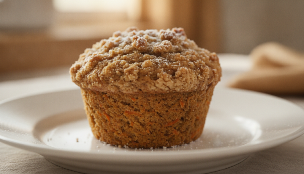 Moist carrot cake muffins topped with a light streusel or plain showing grated carrots and spices within on a white plat