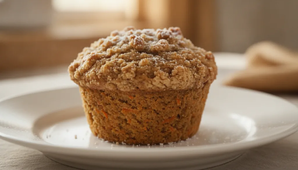 Moist carrot cake muffins topped with a light streusel or plain showing grated carrots and spices within on a white plat