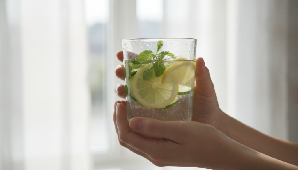 A person s hands holding a glass of water infused with slices of lemon cucumber and mint symbolizing healthy hydration a