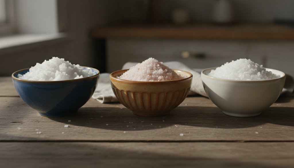 Three small bowls side-by-side each containing a different type of salt coarse sea salt fine Himalayan pink salt and Eps