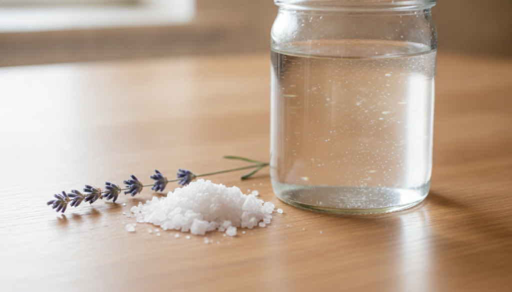 A clear glass jar filled with a freshly prepared salt water solution alongside a small pile of sea salt crystals and a s