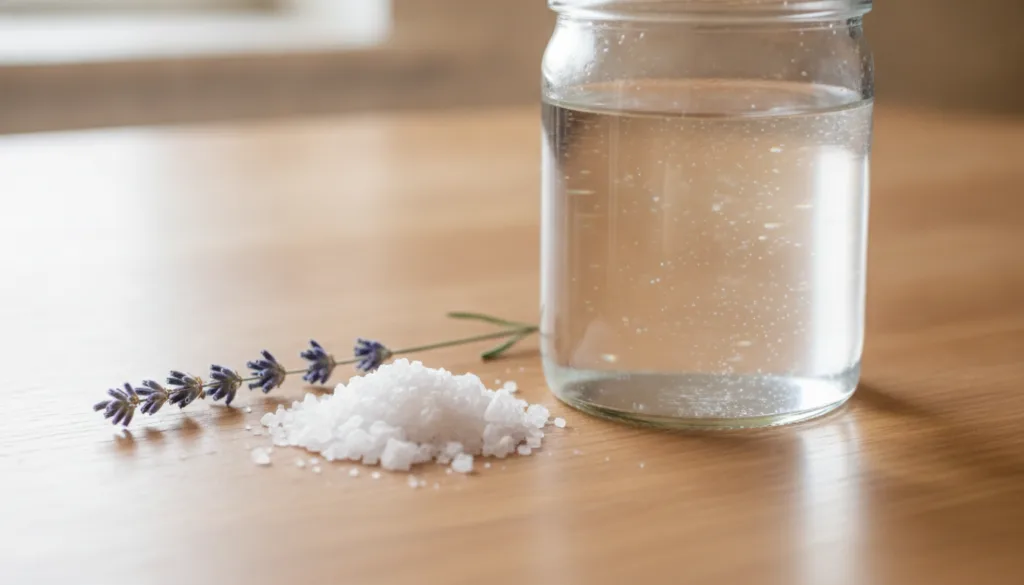 A clear glass jar filled with a freshly prepared salt water solution alongside a small pile of sea salt crystals and a s