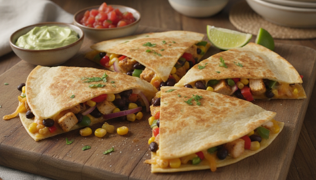 A colorful Southwest chicken quesadilla cut into triangles showcasing a vibrant filling of chicken black beans corn bell