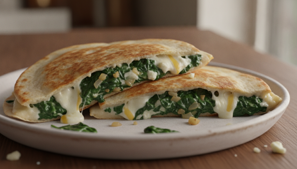 A vibrant spinach and three-cheese quesadilla cut in half revealing a creamy green spinach filling with visible garlic a