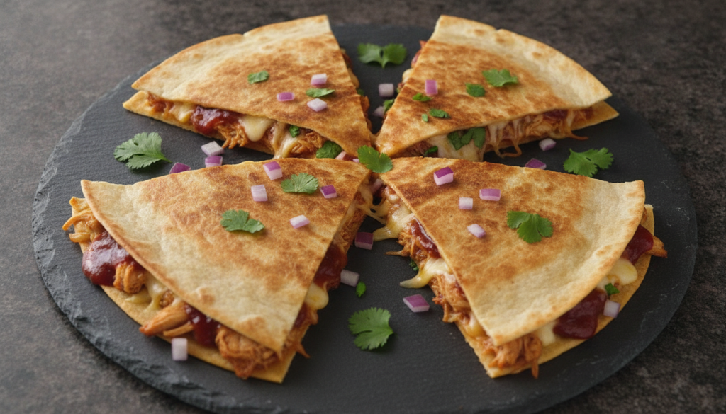 A BBQ chicken quesadilla cut into wedges showing shredded chicken coated in BBQ sauce melted cheese and thinly sliced re