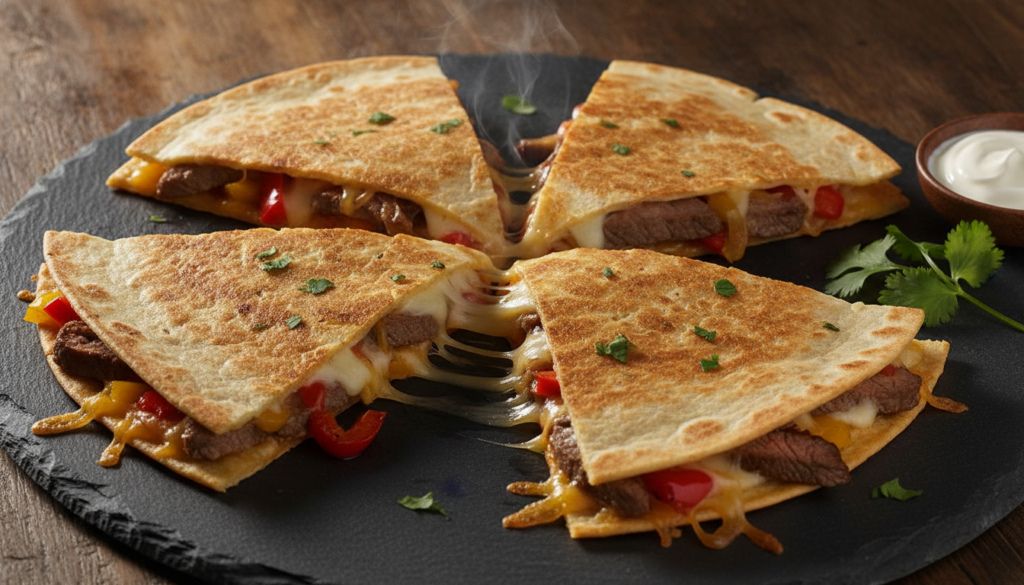 A mouth-watering steak and pepper quesadilla cut into triangles showing tender strips of steak colorful bell peppers and