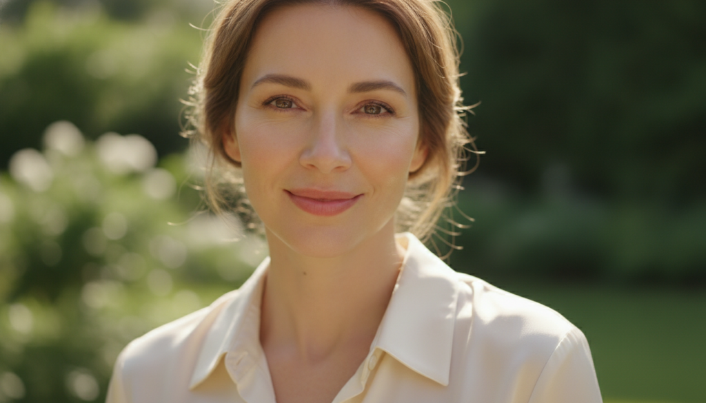 A woman with a smooth glowing youthful-looking complexion smiling softly