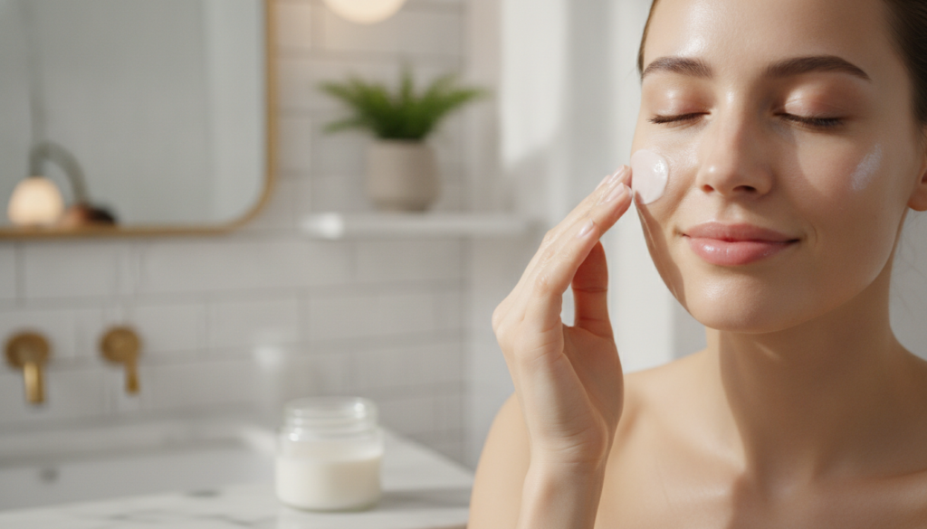 A woman gently applying the Vaseline and milk mixture to her face