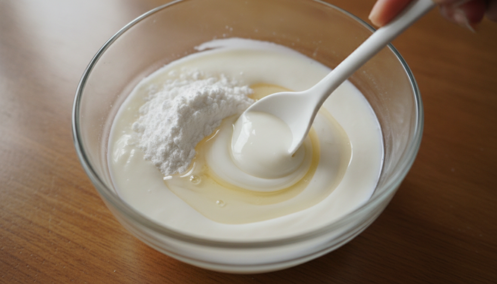 Close-up shot of a small bowl containing corn starch baby oil and water being mixed into a smooth paste