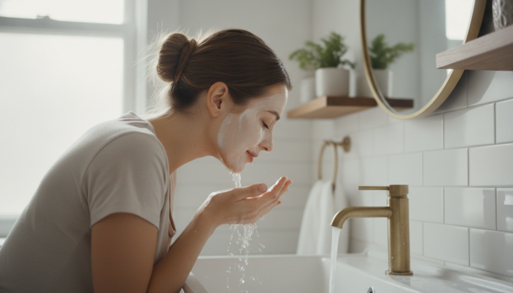 A woman gently rinsing a DIY face mask off her face with lukewarm water over a sink looking refreshed