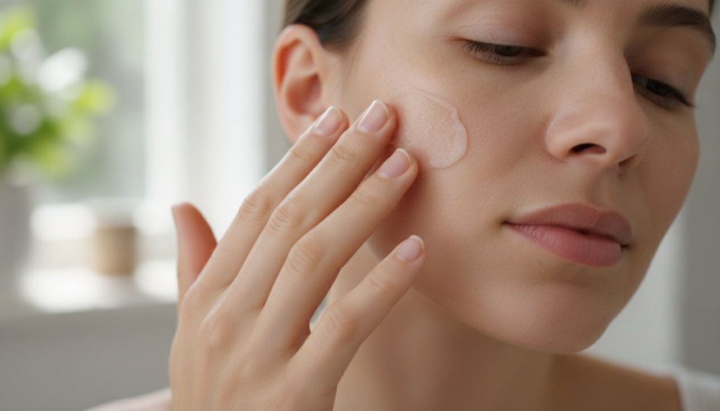 A person gently applying a small amount of the Vaseline and alum balm to their clean face focusing on the cheek area