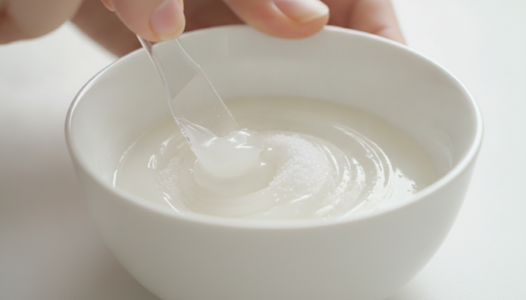 Hands mixing Vaseline and finely crushed alum powder in a small white bowl with a spatula