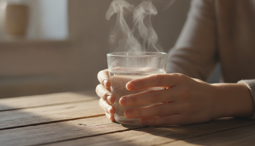 A person s hands holding a clear glass of warm steaming water with a gentle comforting ambiance on a wooden table
