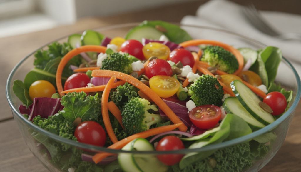 A vibrant colorful bowl of mixed greens cherry tomatoes shredded carrots and broccoli florets representing a healthy mea
